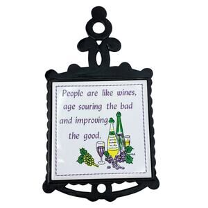 Vintage Cast Iron Tile Trivet "People Are Like Wines" Made in Taiwan Grapes